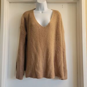 Rebecca Minkoff camel color v neck sweater with high side slits